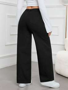 SHEIN EZwear Quần denim ống rộng cạp cao, dáng rộng, dễ mặc, đa năng cho nữ - màu đen - Xem 2