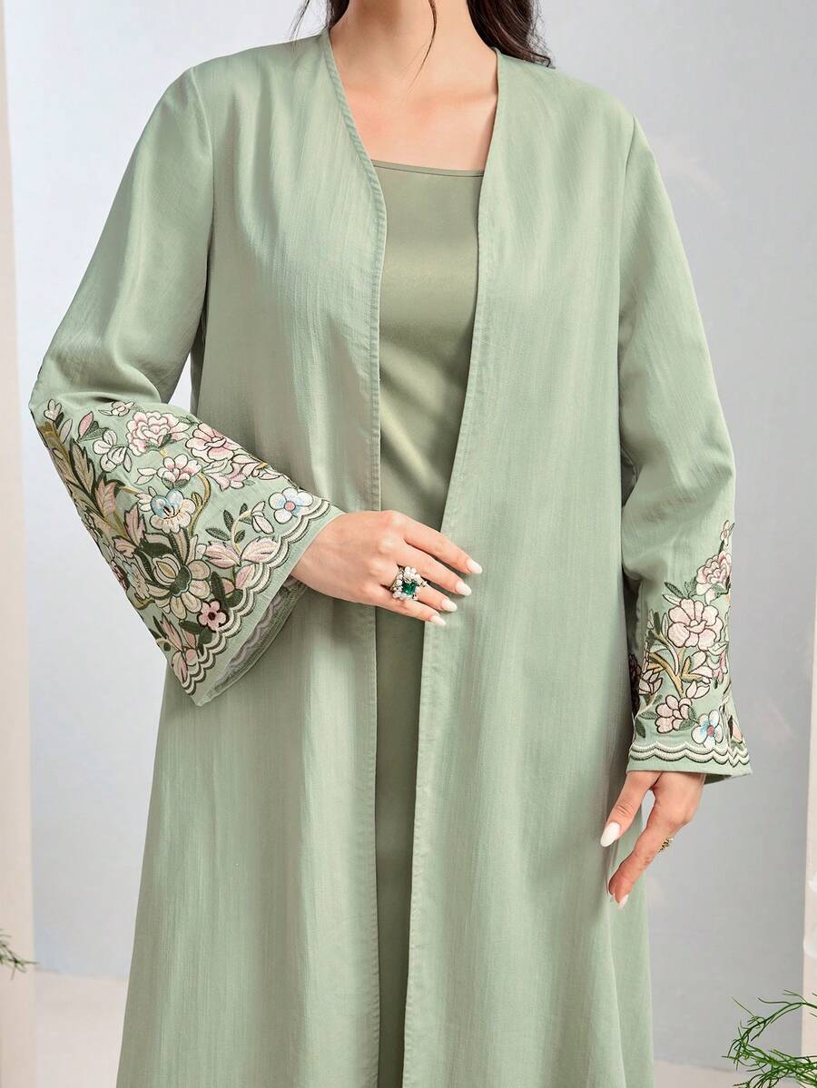 Al Najma 女士花卉刺绣拼接长袖优雅长袍 - 綠色 - 查看 1
