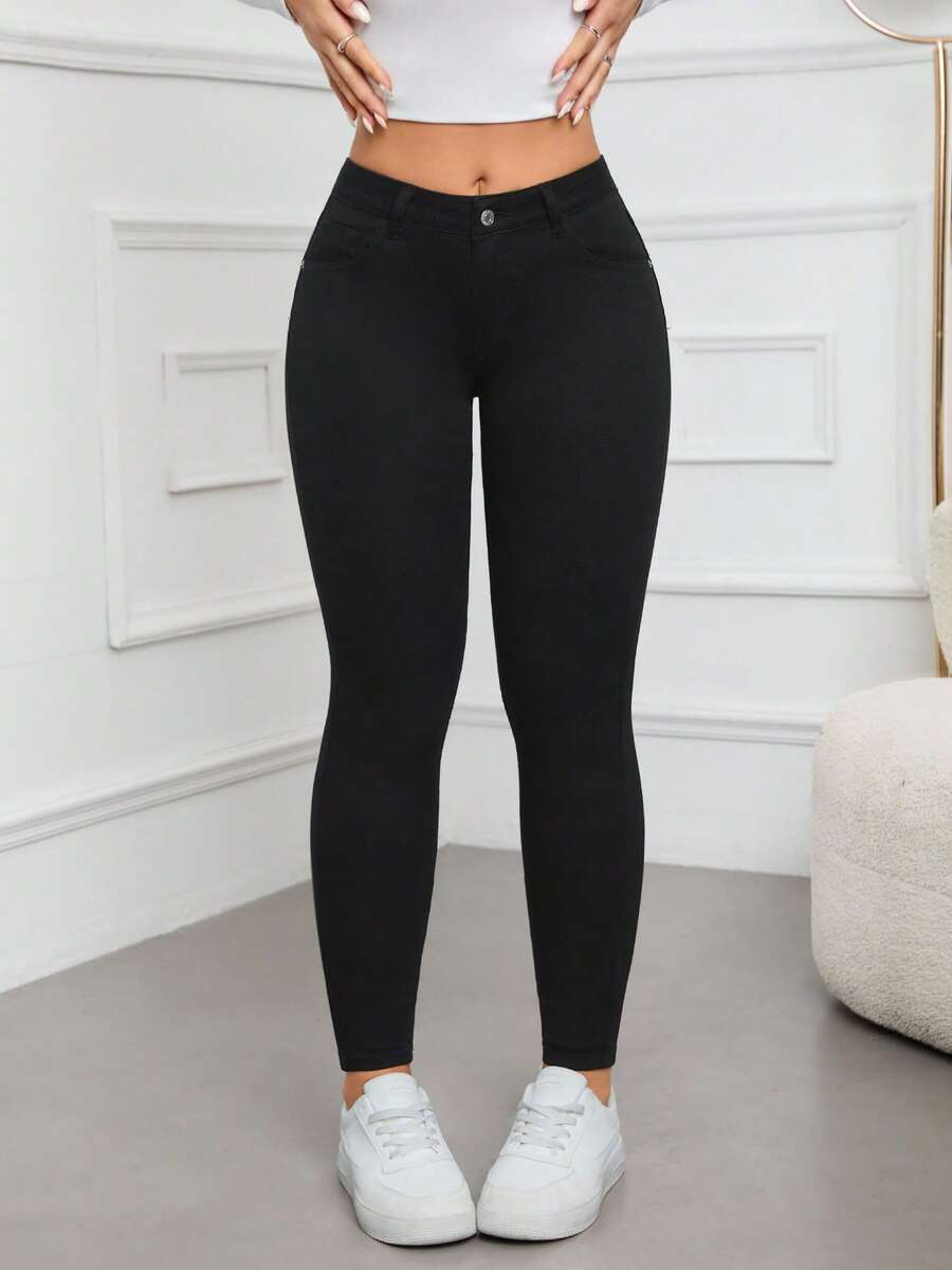 SHEIN PETITE 女士休闲修身纯色日常牛仔裤 - 黑色 - 查看 1