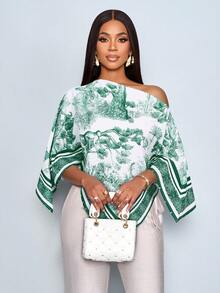 SOLERSUN 女士秋冬休闲优雅不对称领长袖不对称下摆衬衫，时尚复古日落假日印花蝙蝠袖上衣，新款上市，百搭，适合秋冬、日常通勤、外出穿着 - 墨綠色 - 查看 4