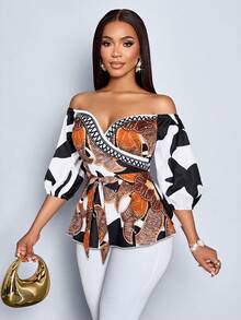 SOLERSUN 女士假日印花露肩泡泡袖系腰时尚衬衫 - 白色 - 查看 6