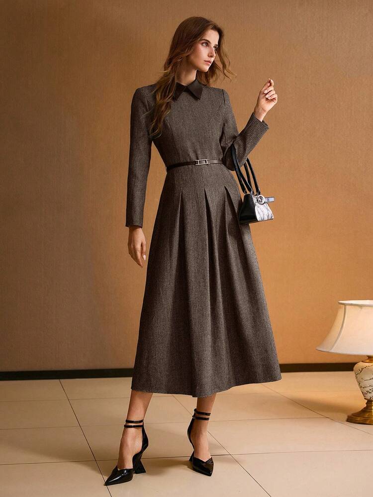WOMEN'S CONTRAST COLLAR FOLD PLEATED DRESS