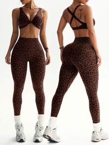 Dewbera 一套女士豹纹扭结交叉瑜伽跑步健身运动文胸和紧身裤套装 - 彩色 - 查看 2
