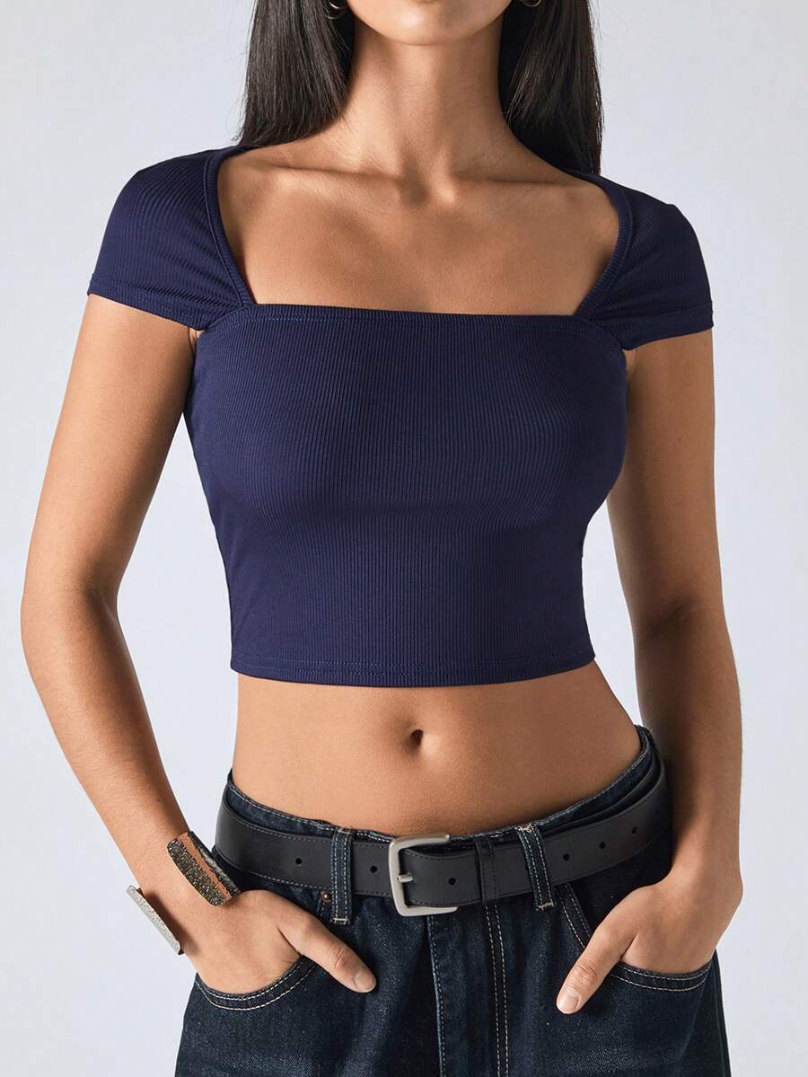 SHEIN EZwear 方领罗纹针织黑色短款T恤 - 藏蓝色 - 查看 1