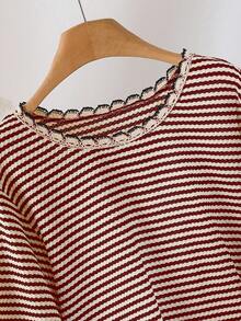 CosyJoli Plus Size Women Crew Neck Striped T-Shirt With Tassel Hem Design, Casual All-Match Versatile/Fall/Winter Striped Sweater Women Sweater Cute Sweater - Burgundy - View 6