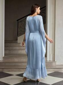 ZEYLAH Women's Loose Fit Asymmetrical Hem Robe/Robe, Bat Wing Sleeve, Faux Silk, Spring/Summer - Dusty Blue - View 4