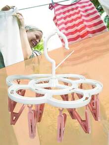 SHEIN 16 Clips Portable Socks Cloth Hanger Rack Clothespin Folding Multifunctional Wardrobe Storage Cloth Hangers Plastic Drying Racks - Pink - View 6