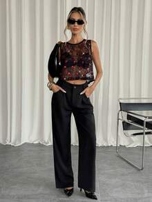 Siren Gaze Women's Sequin Heart Lace Round Neck Loose Fashion Camisole See Through Top Sequin Top Lacey Top Sheer Top - Black - View 5