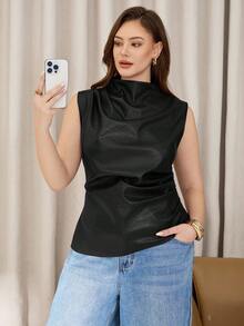 SHEIN Essnce Áo nữ cỡ lớn kiểu dáng thường ngày, Áo PU màu đỏ tía, Áo nữ thanh lịch, Trang phục nữ mùa thu, Thời trang nữ mùa thu - màu đen - Xem 3