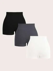 SHEIN BASICS Set de 3 shorts ajustados de punto de unicolor casual para mujer - Gris Oscuro - Ver 2