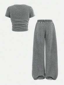 SHEIN Conjunto de camiseta de cuello redondo de manga corta ajustada y pantalones holgados de pierna ancha de punto para niña preadolescente - Gris - Ver 2