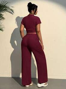 SHEIN EZwear Conjunto de top y pantalones de punto texturizado con cordón, informal y de talla grande - Burdeos - Ver 7