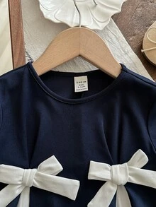 可爱拼接蝴蝶结针织短袖连衣裙，女婴夏季款 - 彩色 - 查看 5