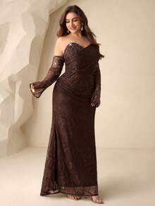 Coutiva Plus Size Luxury Evening Gown, Beaded High-End Formal Dress, Elegant Dignified Party Dress Valentines Dress Elegant Dress Sequin Dress Floral Dress Luxury Chocolate Brown Dress Brown Formal Dress Brown Dresses Classy Elegant Brown Wedding Guest Dress Brown Bridesmaid Dress Brown Elegant Dress Brown Lace Dress  Graduation Ceremony, School Opening, Music Festival, Birthday Party, Wedding, Afternoon Tea Gathering, Ball - Khaki - View 4