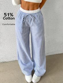 CovetEZ 女士藍色條紋織物寬褲，寬鬆版型休閒長褲