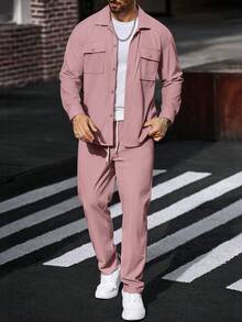 Manfinity Homme 2 piezas Conjunto de camisa de trabajo de pana para hombres Conjunto casual de dos piezas para hombres Conjunto de traje de ocio de 2 piezas para hombres Conjunto de chándal de 2 piezas para hombres - Rosa - Ver 7