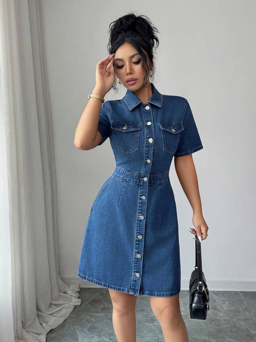 Elenzga Women's Cinched Waist Design Sense New Denim Dress Summer Elegant - Medium Wash - View 1