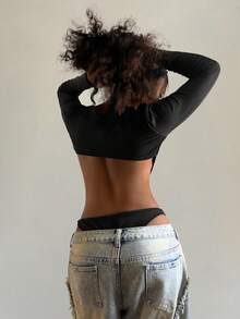 StreetHx 女士纯色镂空设计长袖性感连衣裙 - 黑色 - 查看 2