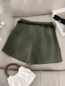 Franclia 大码女式纯色优雅腰带装饰短裤，适合通勤、外出、办公、派对、夏季休闲穿着 - 軍綠色 - 查看 2