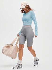 Gameset SHEIN Sport Women's Light Blue Long Sleeve Active Top,Crisscross Cut-Out Open Back Workout Shirt,Summer Athleisure Running Fitness Yoga Sports Gym T-Shirt&Tank - Blue - View 4