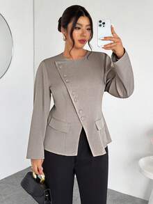 Firerie 女士优雅通勤日常百搭街头时尚新款不对称翻领纽扣腰长袖卡其灰色西装外套 - 卡其色 - 查看 7