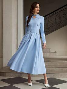 ZEYLAH Elegant Rhinestone Embellished Mid-Length Dress For Women - Blue - View 5