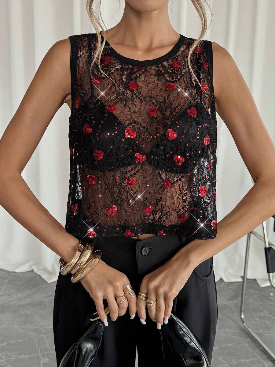 Siren Gaze Women's Sequin Heart Lace Round Neck Loose Fashion Camisole See Through Top Sequin Top Lacey Top Sheer Top - Black - View 1