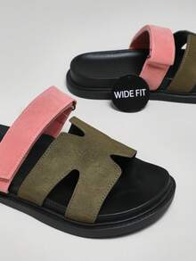 SHUZIA Zapatos anchos para mujer, cómodos, de punta abierta, con suela gruesa, de uso diario, tipo slip-on en ante color caqui y rosa, sandalias anchas, esenciales de viaje para el verano - Verde militar - Ver 4