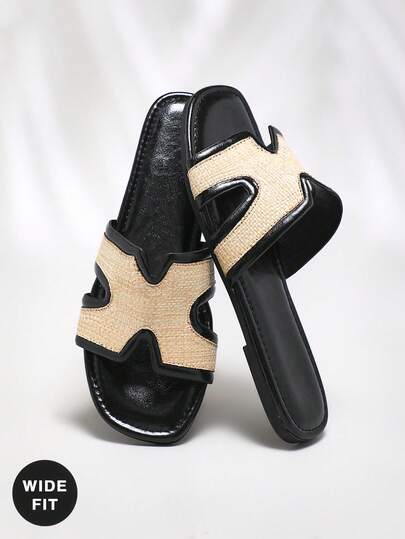 SHUZIA 女式宽版时尚休闲舒适拉菲草带平底凉鞋