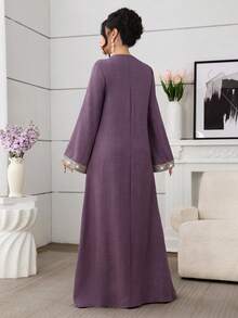 Al Najma Solid Color V-Neck Loose Long Sleeve Elegant Ribbon Decor Everyday Dress - Purple - View 2