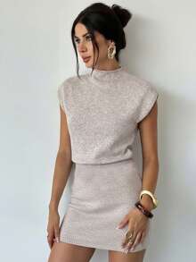 Firerie 女士休闲优雅立领针织连衣裙，浪漫约会或情人节的完美之选。/ 燕麦色毛衣连衣裙 / 适合外出 / 复古风 / 通勤装 / 教师装 - 杏色 - 查看 5