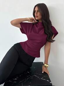 Firerie Crinkle Collar Asymmetrical Sleeve Side Ruched Cinched Waist Commuter Apricot Bamboo Linen Fabric Women Shirt, All Season - Red Violet - View 5