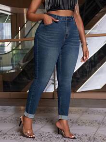 Slaydiva Plus Size Women Elastic Blue Vintage Versatile Cuffed Skinny Jeans - Blue - View 6