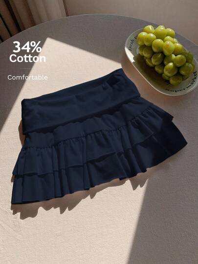 Comfortcana Plain Navy Blue Knitted Fabric Mini Skirt With Ruffled Tiered Layers For Women Dark Blue Swim Suit Skirt Golf Tennis Autumn Casual