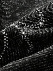 SHEIN Teen Girl All-Match Casual Versatile Butterfly Rhinestone Embellished Straight Leg Stone Wash Elastic Waist Wide Leg Jeans Teen Bow Pants