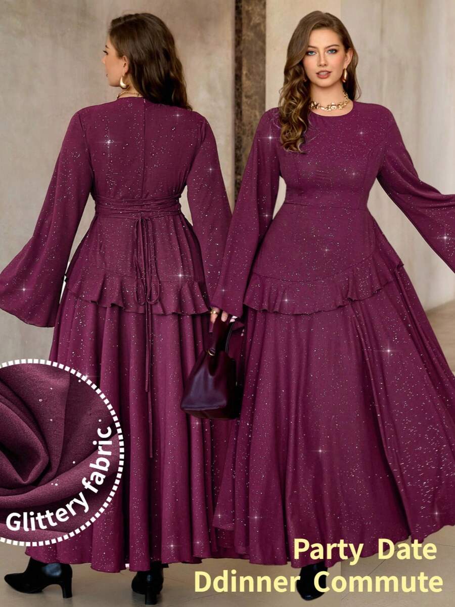 Roveilla 大码女士优雅休闲连衣裙，浪漫法式西西里风格，适合通勤、度假、下午茶、圣诞派对等场合，纯色带银粉点缀，圆领，腰带设计，喇叭袖，荷叶边下摆，长袖，及地长裙。Najma连衣裙，土耳其连衣裙，阿拉伯女式连衣裙，长袖优雅连衣裙，紫色优雅连衣裙，紫色女士晚礼服，端庄女士连衣裙，伊斯兰女士连衣裙，梅子色连衣裙，闪光面料连衣裙，女士长裙 - 紫紅色 - 查看 1