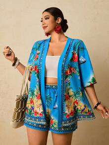 Travachic 大码女式印花短袖和服衬衫及短裤休闲两件套 - 藍色 - 查看 1