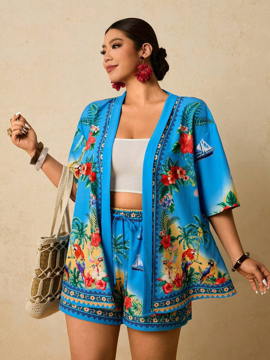 Travachic 大码女式印花短袖和服衬衫及短裤休闲两件套 - 藍色 - 查看 1