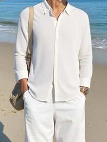 SHEIN Teen Boys' White Pleated Textured Fabric Minimalist Silhouette Shirt, Casual, Collegiate, Comfortable, Fashionable, Versatile, Soft Fabric, Suitable For Daily Wear, School, Outings, Parties, Holidays, Summer Beach Vacation - White - View 4