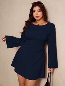 Elaquor Đầm dài tay cổ tròn đơn giản, màu trơn dành cho nữ cỡ lớn - Màu xanh hải quân - Xem 4