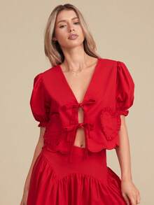 WESTFADE Kurzarm Top mit Bindung und Herz-Taschen - Rot - Übersicht 1