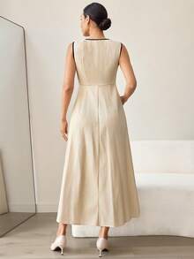 MaterniWear Maternity Clothes Maternity Jumpsuit Elegant Office Attire For Commuting Summer Khaki And Black Trim Round Neck Single-Breasted Sleeveless Maternity Dress, Long Style, Cotton Dress.