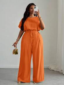 Slaydiva Bộ đồ 2 mảnh màu xanh lá cây dáng rộng, thanh lịch, phù hợp cho đi làm, dự tiệc, đi club và hoạt động ngoài trời dành cho nữ, gồm áo crop top và quần ống rộng có túi, vai rớt, dây rút, size A - Trang phục mùa hè - trái cam - Xem 9