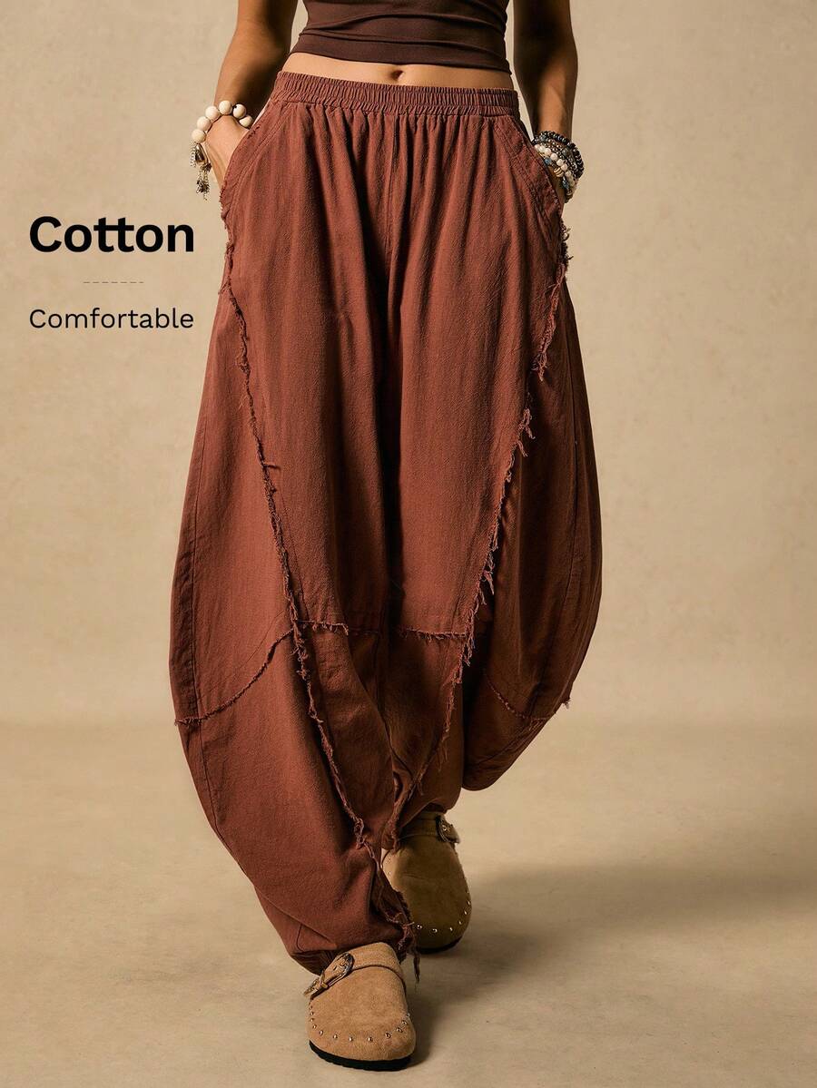 Easelle Vintage Western Boho Casual Retro Brown Curved Blade Design Women's Pants Edge Cutting Design  Fall Women Winter Clothes - Coffee Brown - View 1