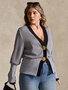 Elegantrix Plus Size Women Colorblock Waist Trim Casual Cardigan Top, Autumn/Winter - Grey - View 4
