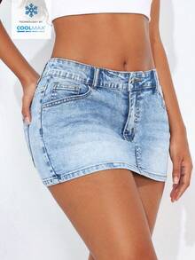 SHEIN EZwear Solid Color Low Waist Slim Fit Light Blue Minimalist Summer Mini Skirt - Light Wash - View 4
