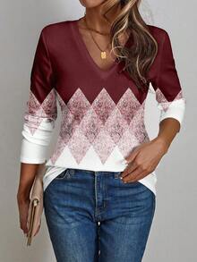 EMERY ROSE Áo thun dài tay cổ chữ V in họa tiết hình thoi ombre dành cho nữ, trang phục thường ngày thoải mái cho mùa xuân và mùa thu. - Màu Đỏ Sâu - Xem 4