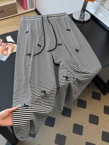 GlowEve CURVE Plus Size Women Casual Elastic Waist Striped Knit Straight Leg Pants, Comfortable For Everyday Wear Stripe Pants Striped Set - Black and White - View 1