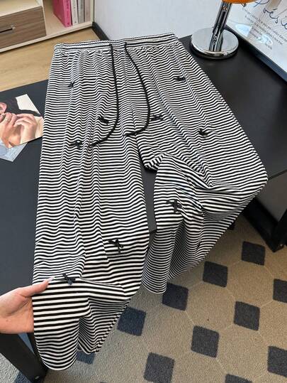 GlowEve CURVE Plus Size Women Casual Elastic Waist Striped Knit Straight Leg Pants, Comfortable For Everyday Wear