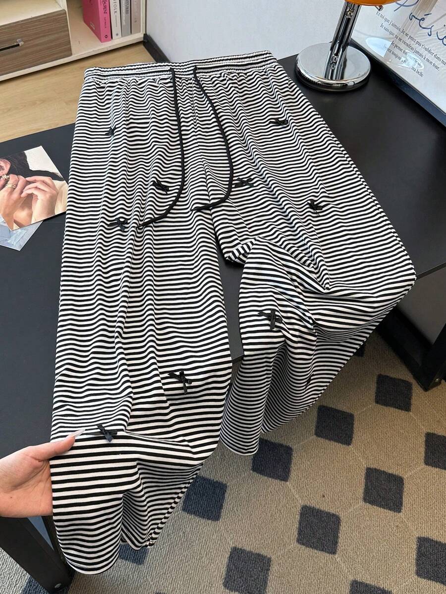 GlowEve CURVE Plus Size Women Casual Elastic Waist Striped Knit Straight Leg Pants, Comfortable For Everyday Wear Stripe Pants Striped Set - Black and White - View 1